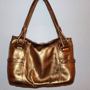 B. MAKOWSKY GOLD SATCHEL PAINTED PEBBLE LEATHER SHOULDER BAG